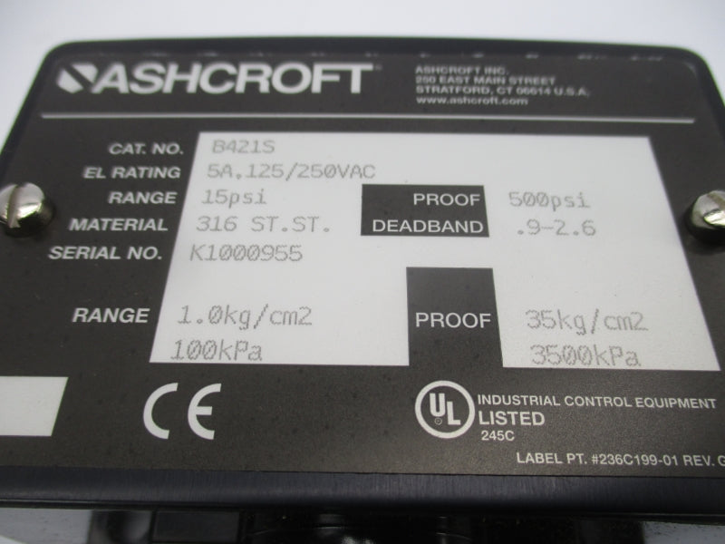 ASHCROFT B421S 125/250VAC 5A 15PSI NSMP