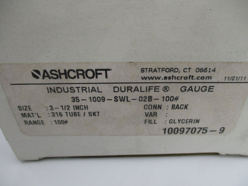 ASHCROFT 35-1009-SWL-02B-100# 0-100PSI NSMP