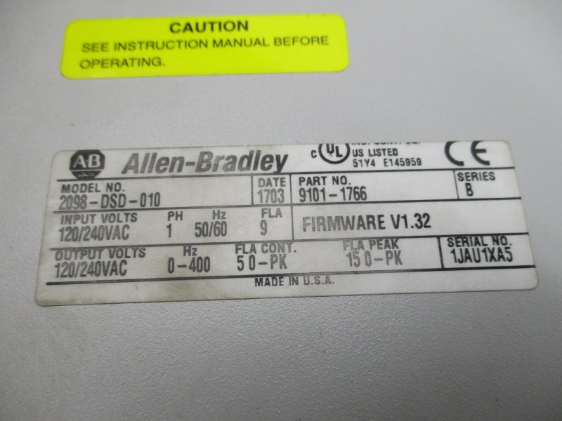 ALLEN BRADLEY 2098-DSD-010 SER. B F/W V1.32 120/240VAC 9A UNMP