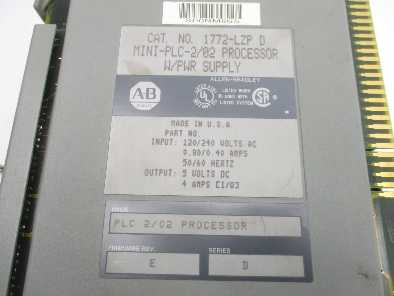 ALLEN BRADLEY 1772-LZP SER. D F/W E 120/240VAC .8/.40A UNMP