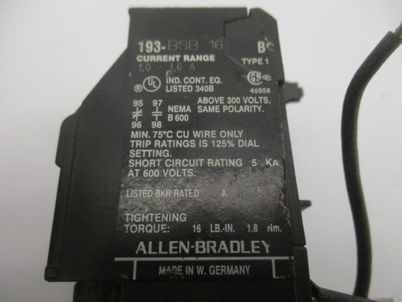 ALLEN BRADLEY 193-BSB 16 SER. B 600V 1.0-1.6A UNMP