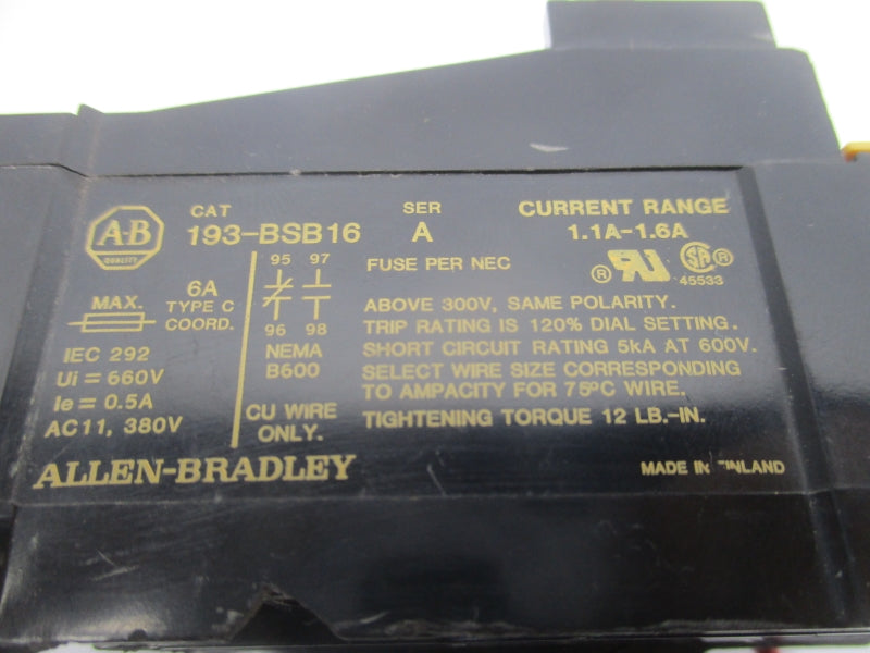 ALLEN BRADLEY 193-BSB16 SER. A 660V 1.1-1.6A  (AS PICTURED) UNMP