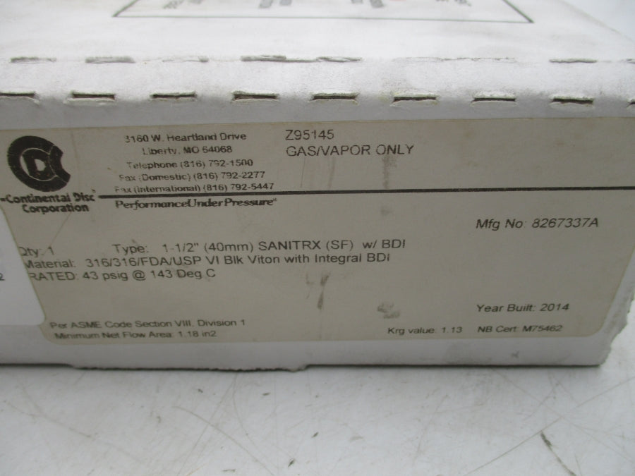 CONTINENTAL DISC 8267337A 43PSI 1-1/2" NSMP