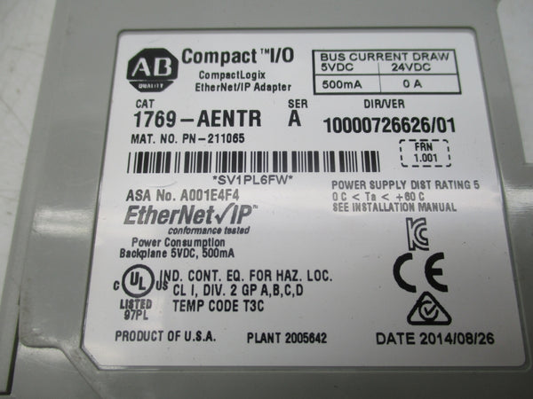 ALLEN BRADLEY 1769-AENTR SER. A F/W 1.001 24VDC 0A UNMP