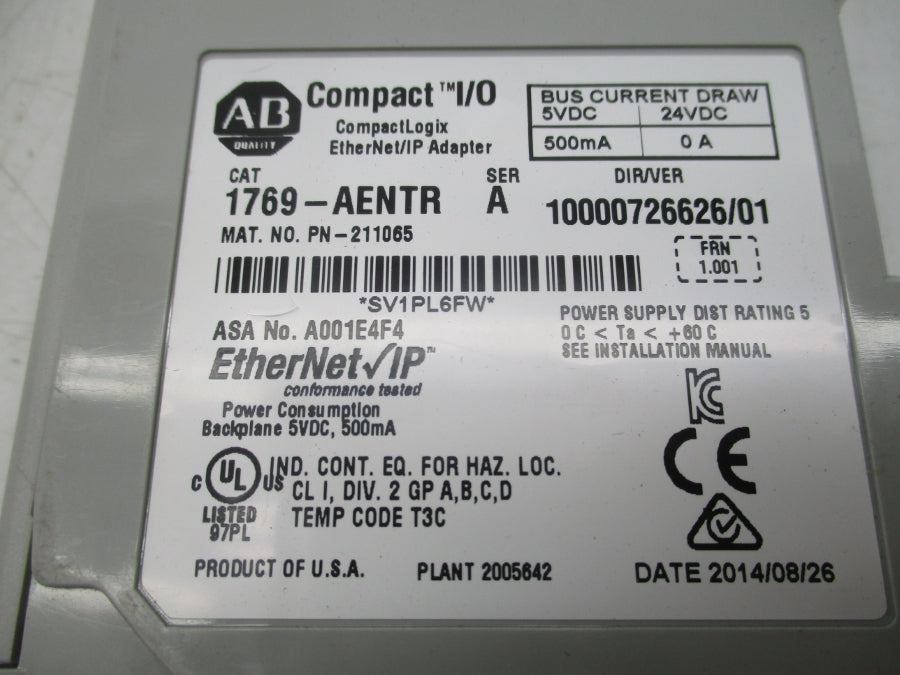 ALLEN BRADLEY 1769-AENTR SER. A F/W 1.001 24VDC 0A UNMP