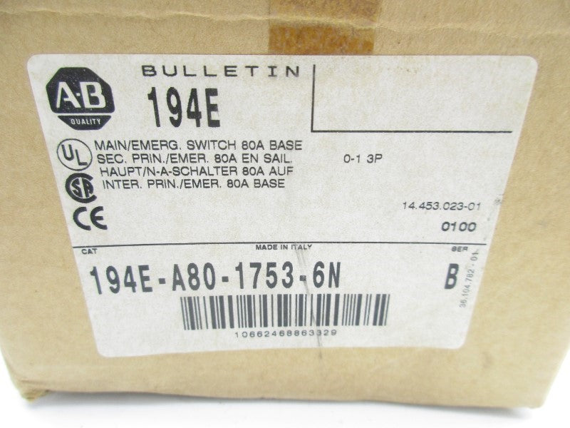 ALLEN BRADLEY 194E-A80-1753-6N SER. B 80A (BR/WH) NSMP