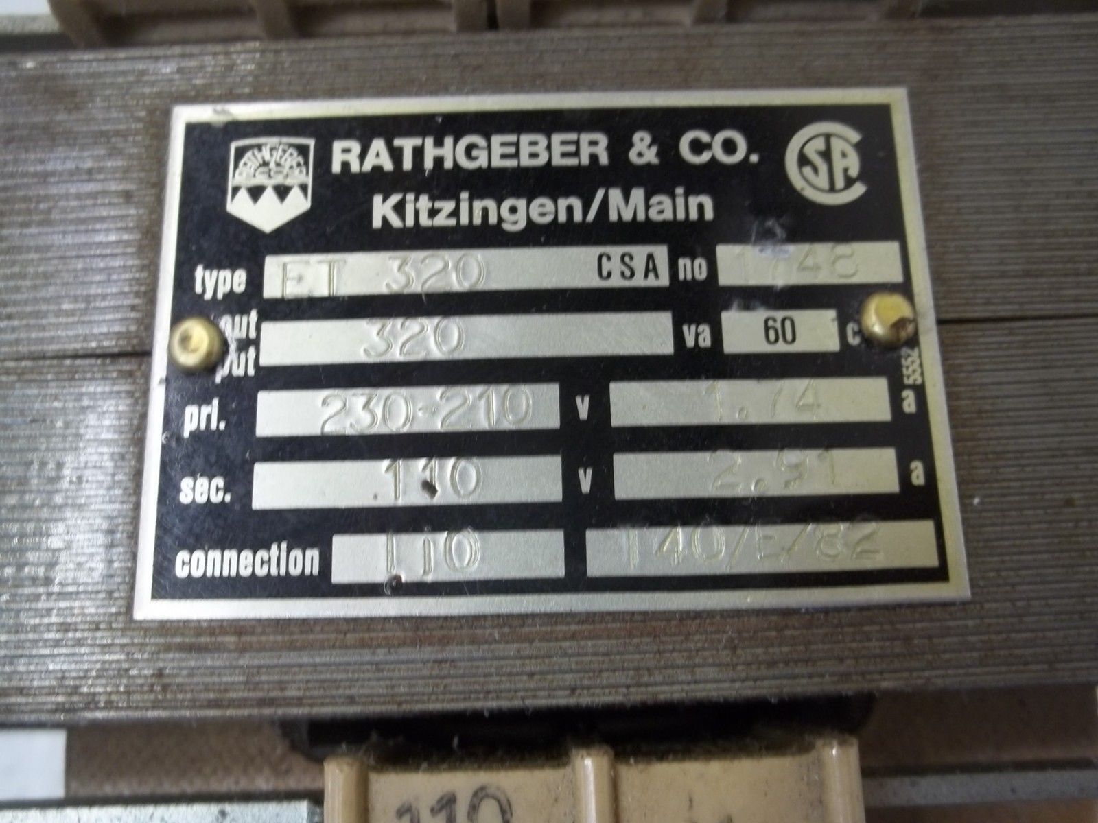 RATHGEBER & CO ET320CSA TRANSFORMER UNMP