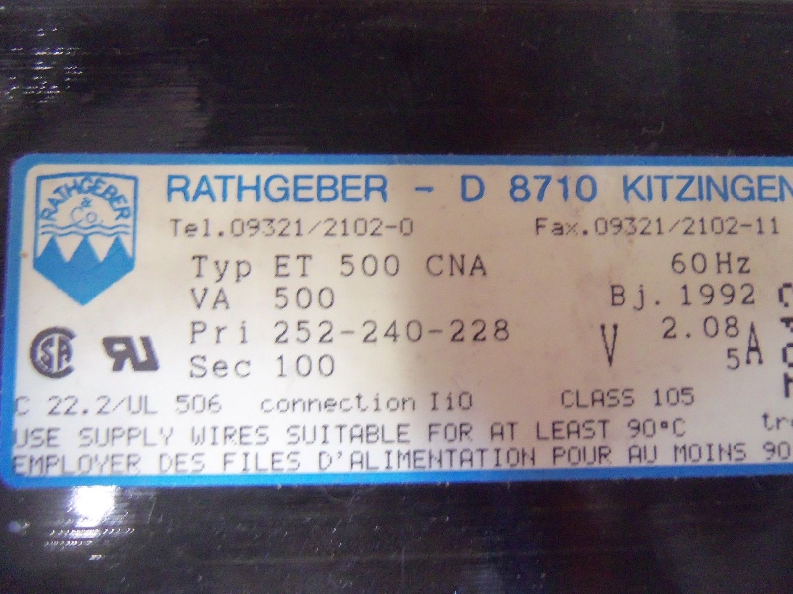 RATHGEBER TRANSFORMER ET-500-CNA UNMP