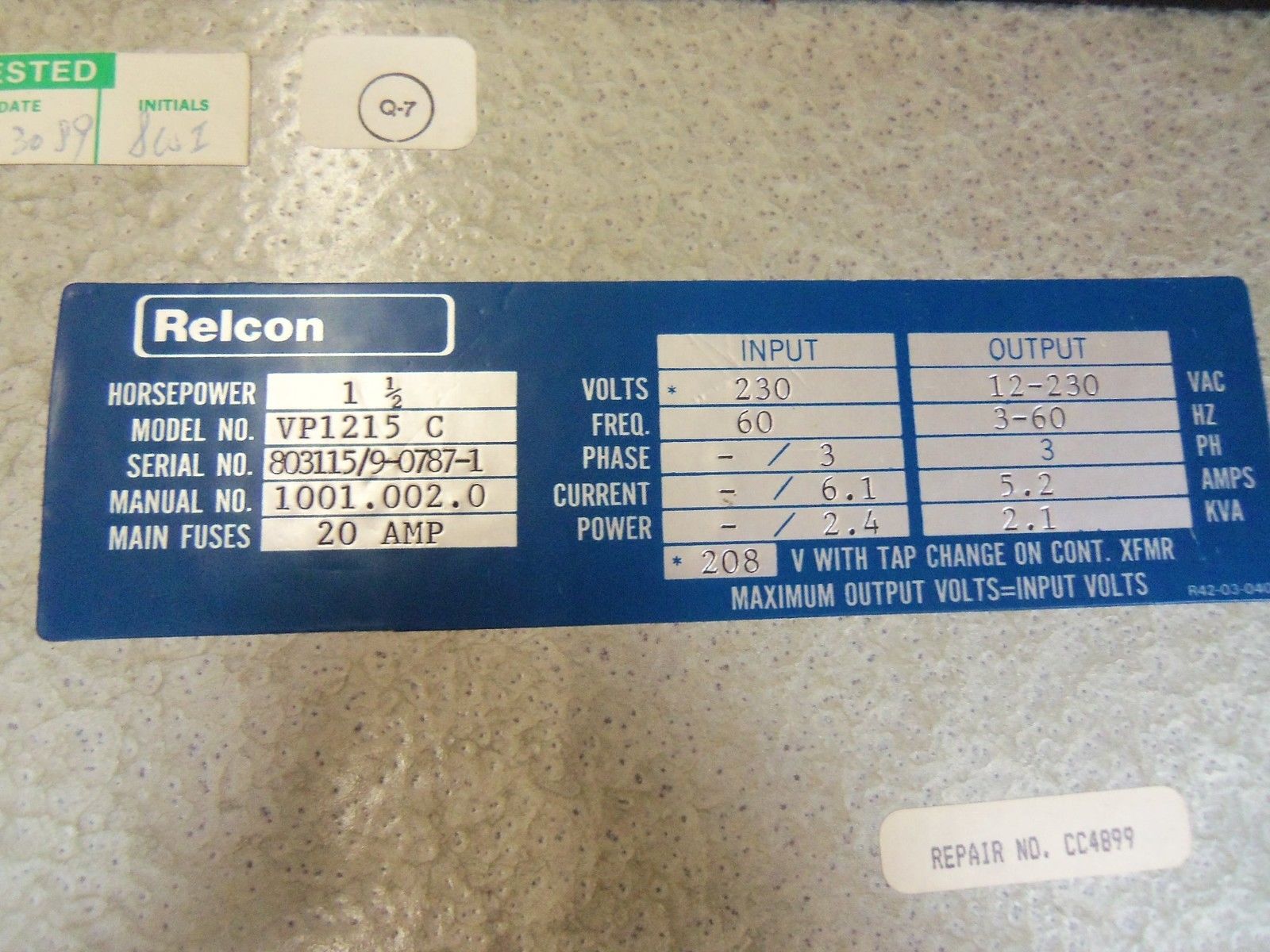 RELCON PWM 1000 VP1215 C ADJUSTABLE FREQUENCY DRIVE 1.5 HP UNMP