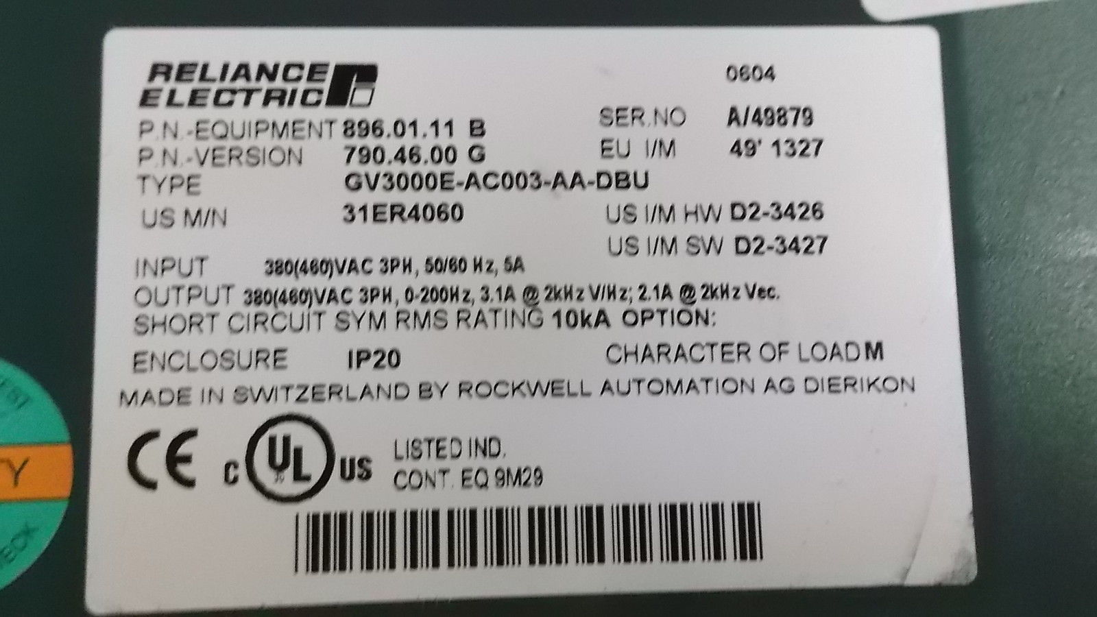 RELIANCE 31ER4060 GV3000E-AC003-AA-DBU AC DRIVE UNMP