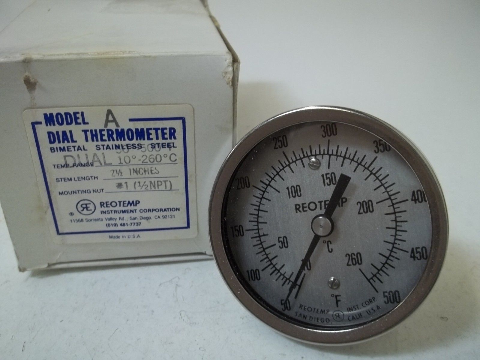 REOTEMP MODEL A DIAL THERMOMETER BIMETAL STAINLESS STEEL D10-260 NSMP