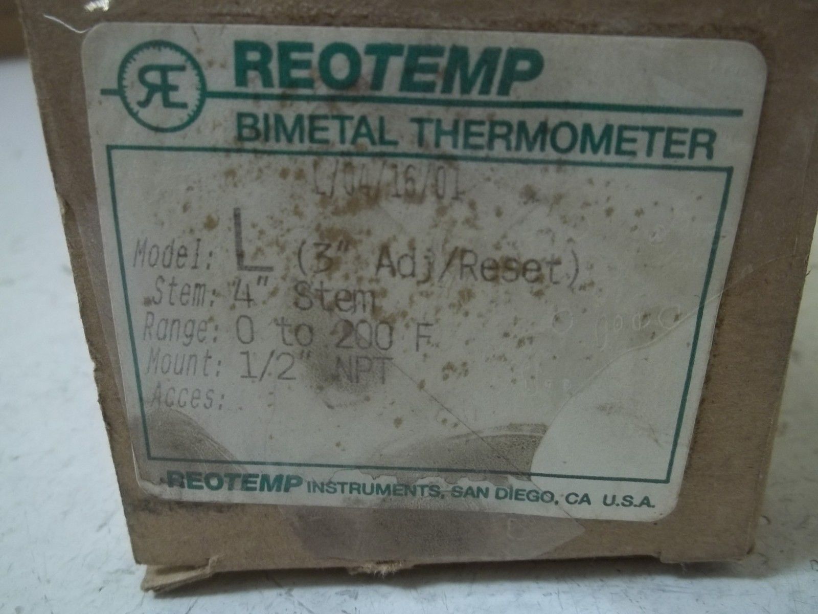 REOTEMP MODEL L (3' ADJ/RESET) 4"STEM 0-200F 1/2"NPT THERMOMETER NSMP