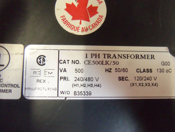 REX 1PH TRANSFORMER CE500LK / 50 *USED*