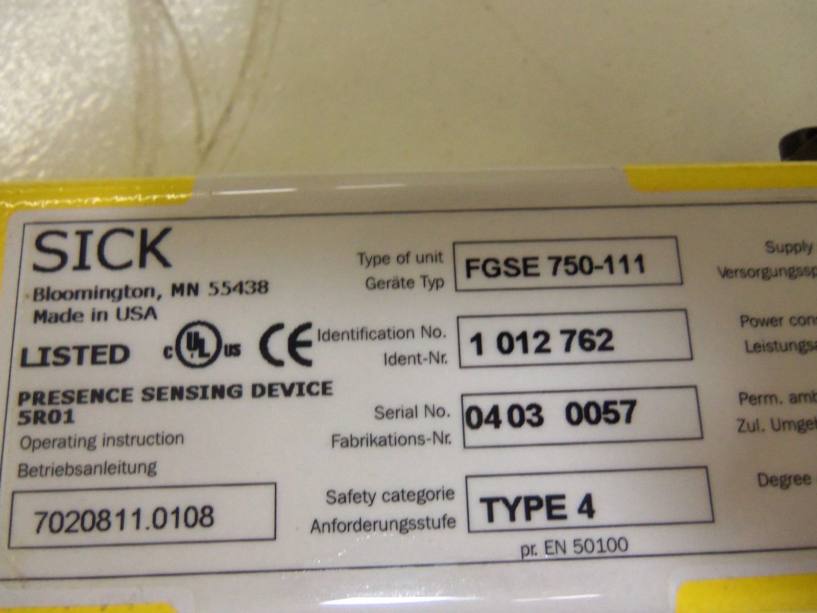 SICK FGSE750-111 LIGHT CURTAIN RECEIVER NSNP