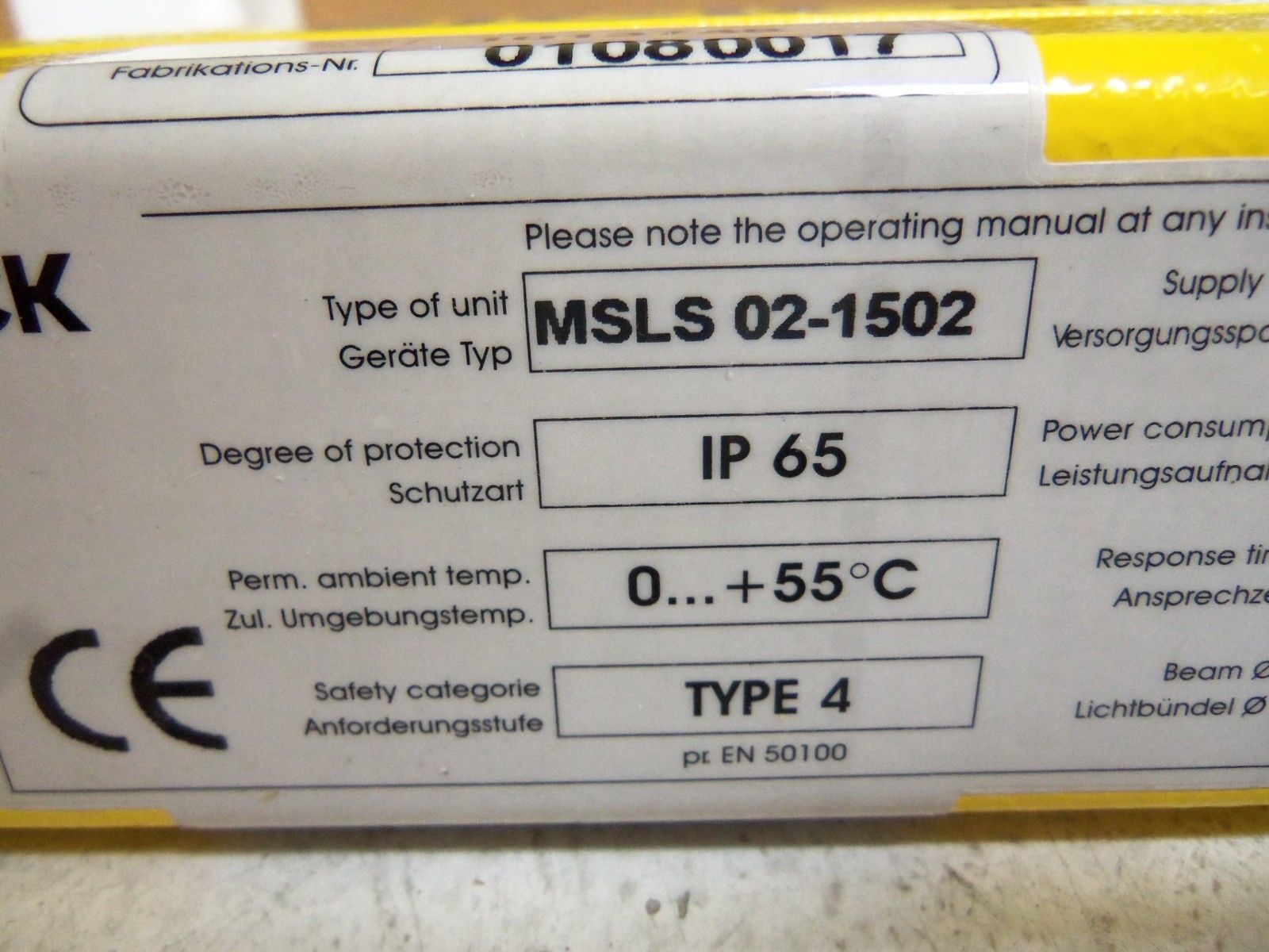 SICK MSLS02-1502 LIGHT CURTAIN 23MM 24VDC TYPE4 NSMP