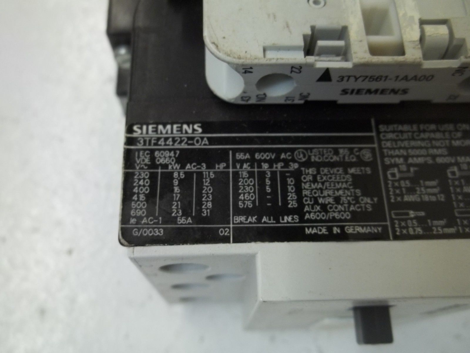 SIEMENS 3TF4422-OA WITH 3TY7561-1AA00(2) CONTACTOR 120V UNMP