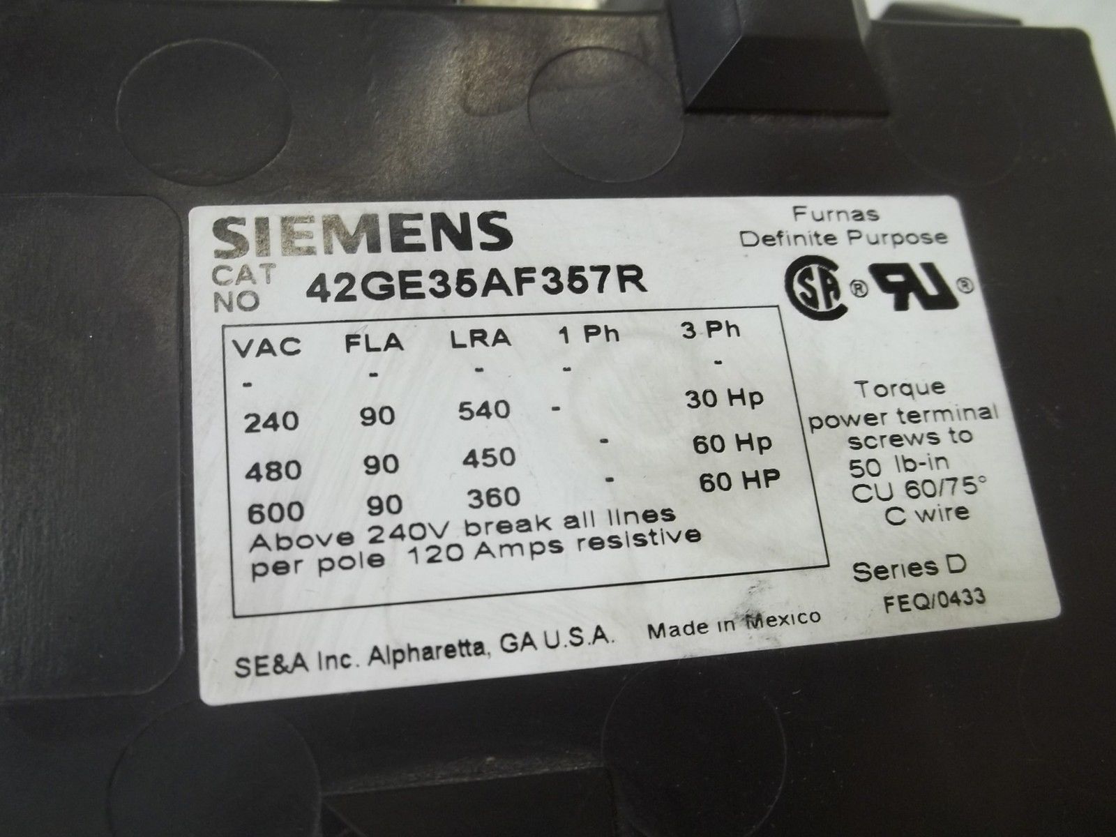 SIEMENS 42GE35AF357R CONTACTOR 120V UNMP
