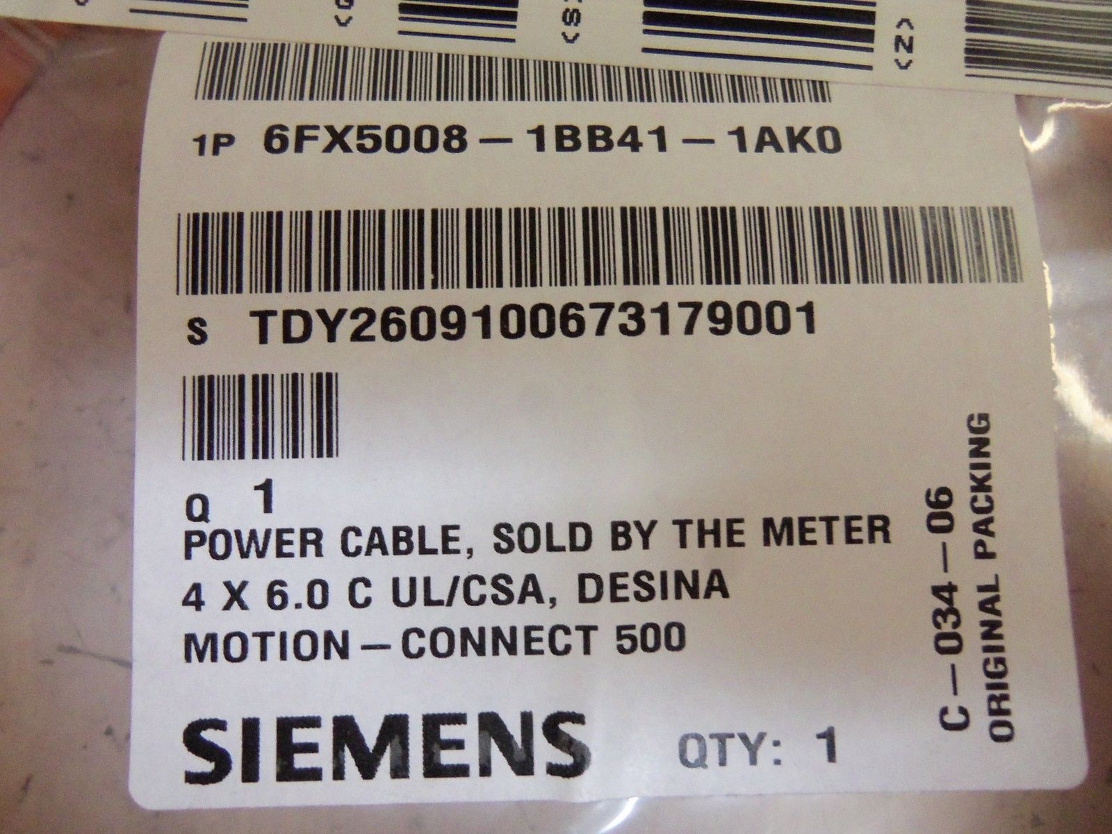 SIEMENS 6FX5008-1BB41-1AK0 POWER CABLE NSMP