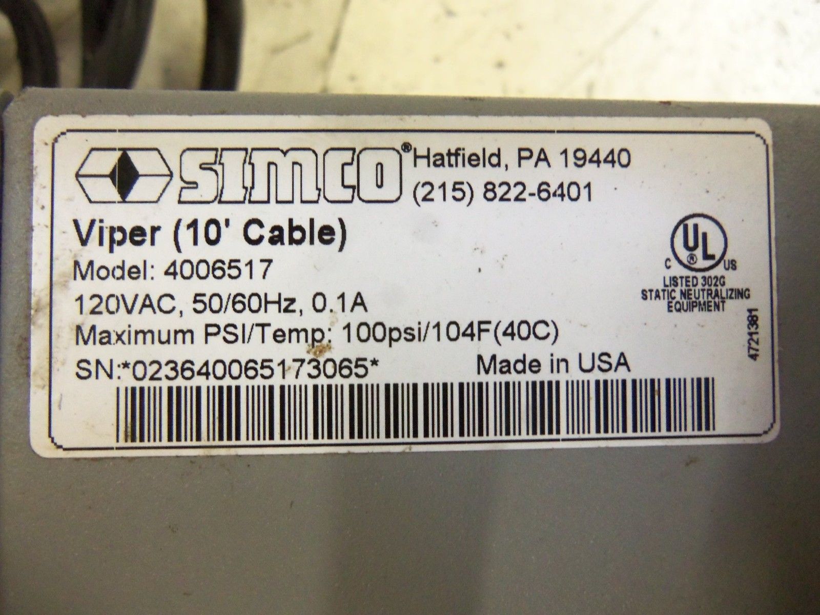 SIMCO 4006517 NEUTRALIZING BLOW OFF GUN UNMP