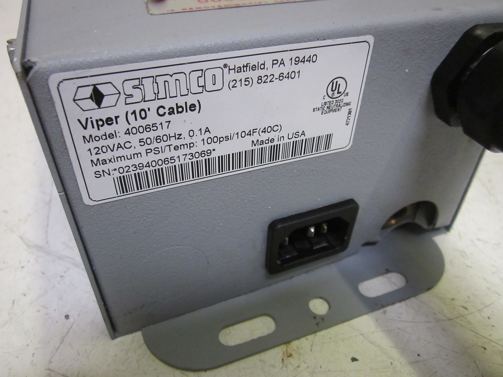 SIMCO VIPER 4006517 NEUTRALIZING BLOW OFF GUN 120VAC (10' CABLE) (AS IS) UNMP