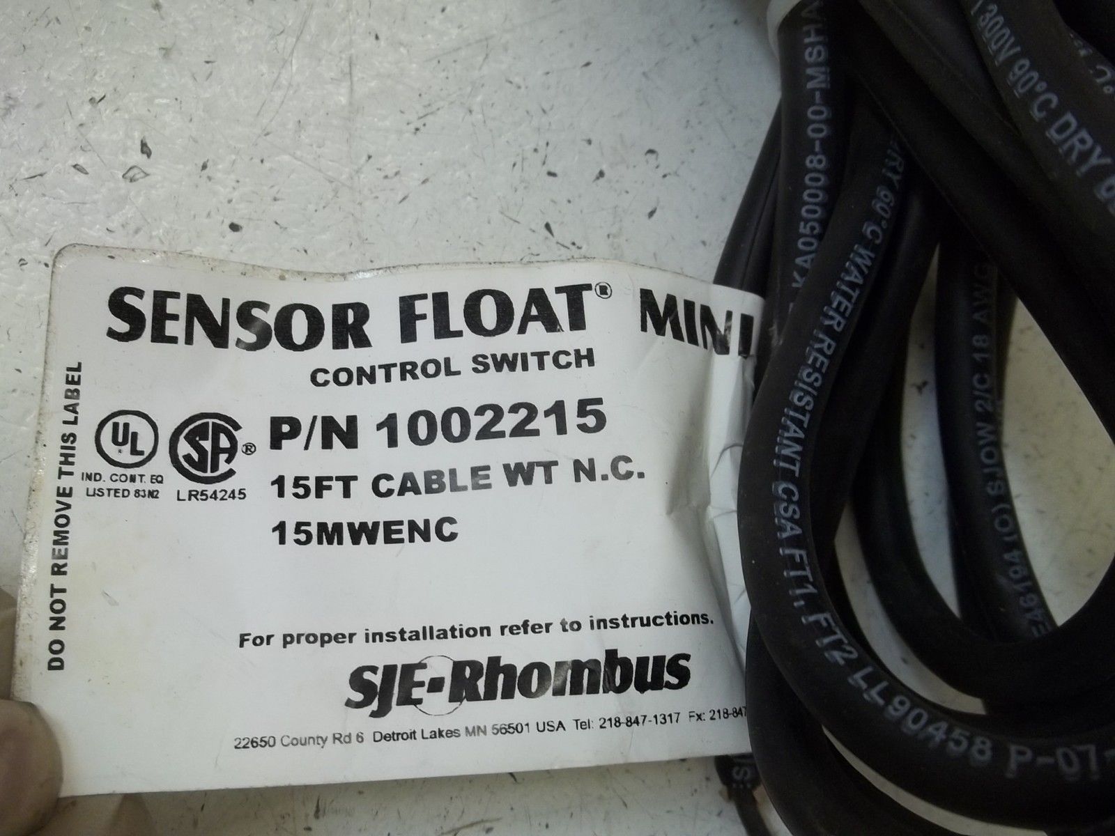 SJE-RHOMBUS 1002215 SENSOR FLOAT MINI CONTROL SWITCH (AS PICTURED)UNMP