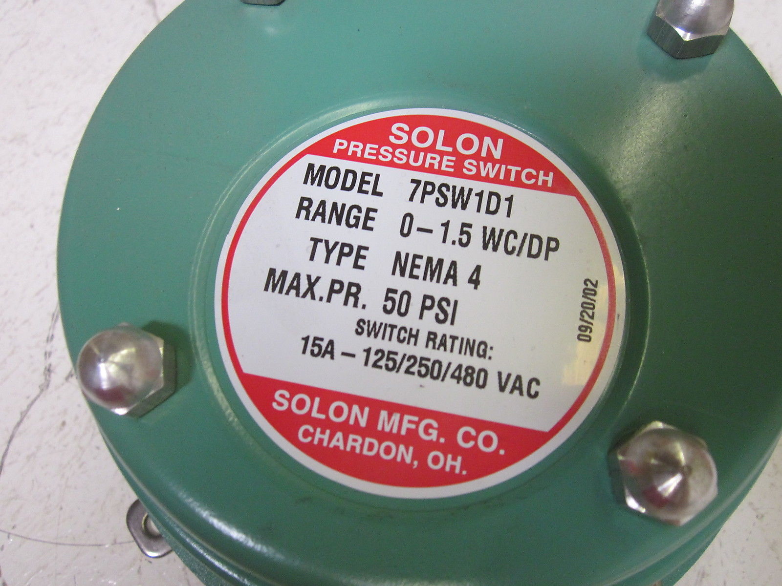 SOLON 7PSW1D1 PRESSURE SWITCH 15A 125/250/480VAC 50PSI NSMP