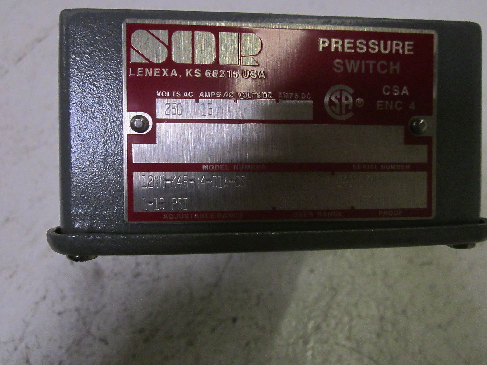 SOR 12NN-K45-V4-C1A-CS PRESSURE SWITCH 1-16PSI 250VAC UNMP