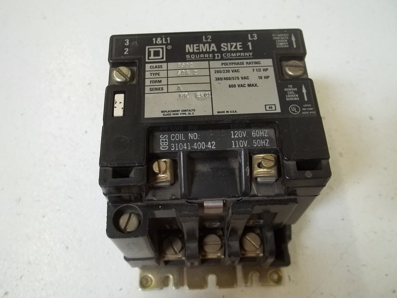 SQUARE D 8502-SCG2 SER.A CONTACTOR NEMA SIZE 1 UNMP