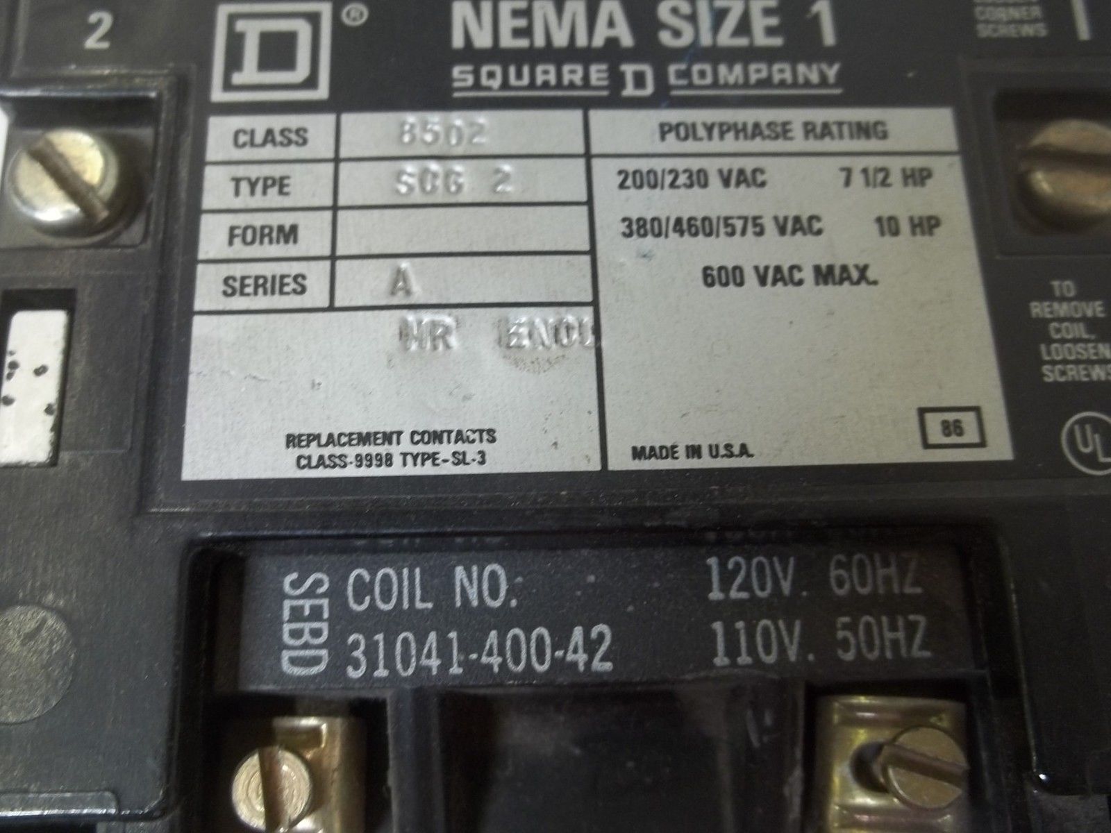 SQUARE D 8502-SCG2 SER.A CONTACTOR NEMA SIZE 1 UNMP