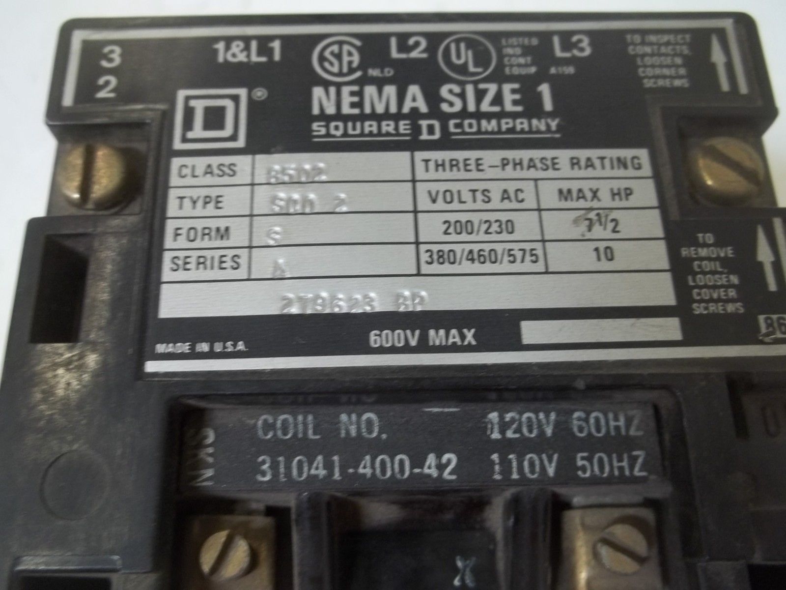 SQUARE D 8502-SCO2 SER.A CONTACTOR NEMA SIZE 1 UNMP
