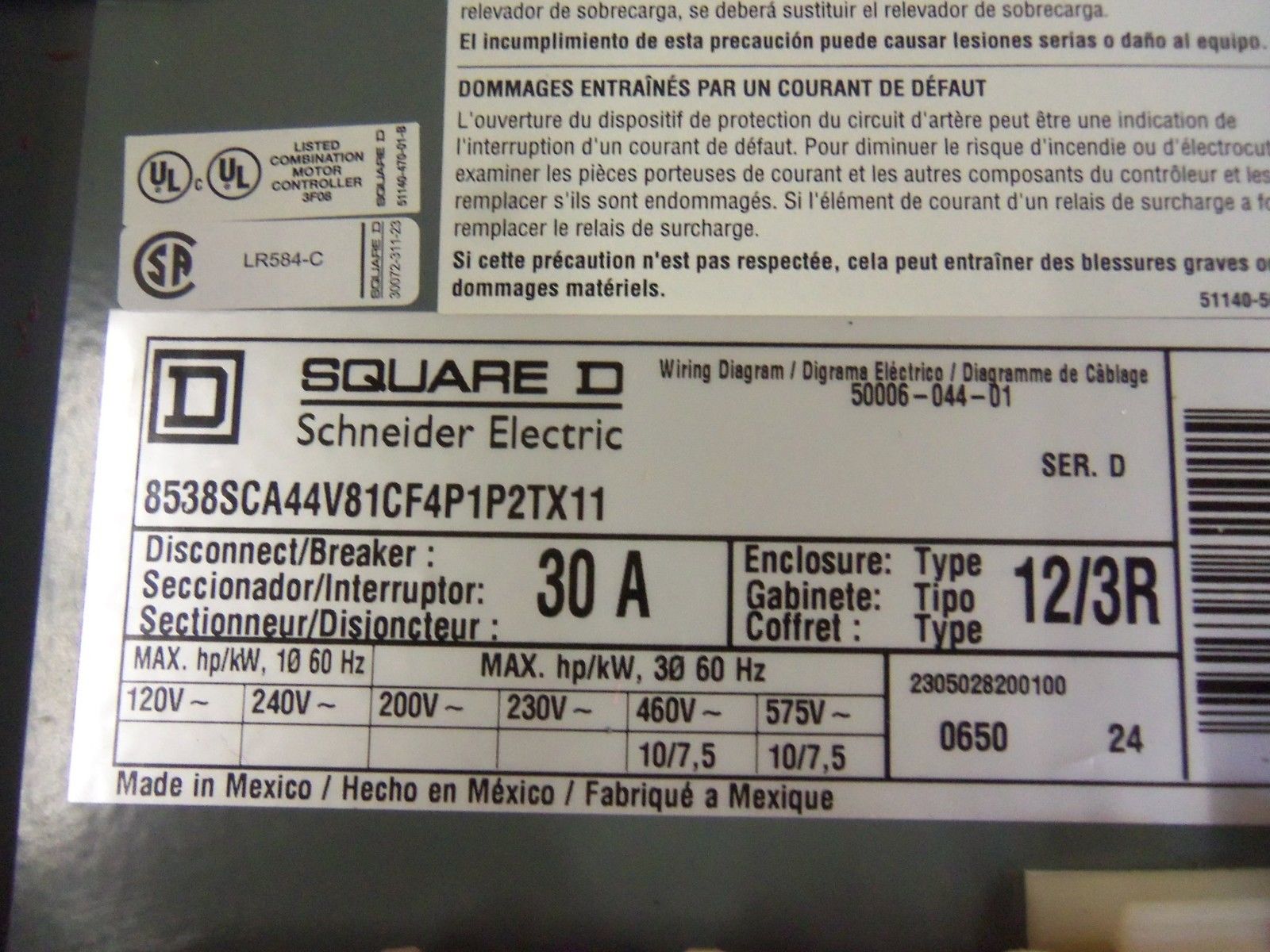 SQUARE D 8538SCA44V81CF4P1P2TX11 COMBINATION STARTER NSNP