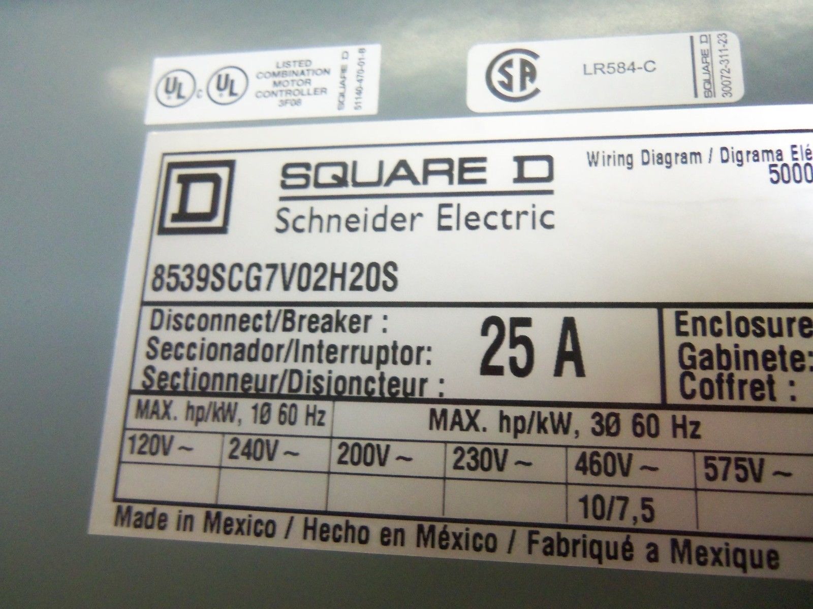 SQUARE D 8539SCG7V02H20S COMBINATION STARTER NSNP