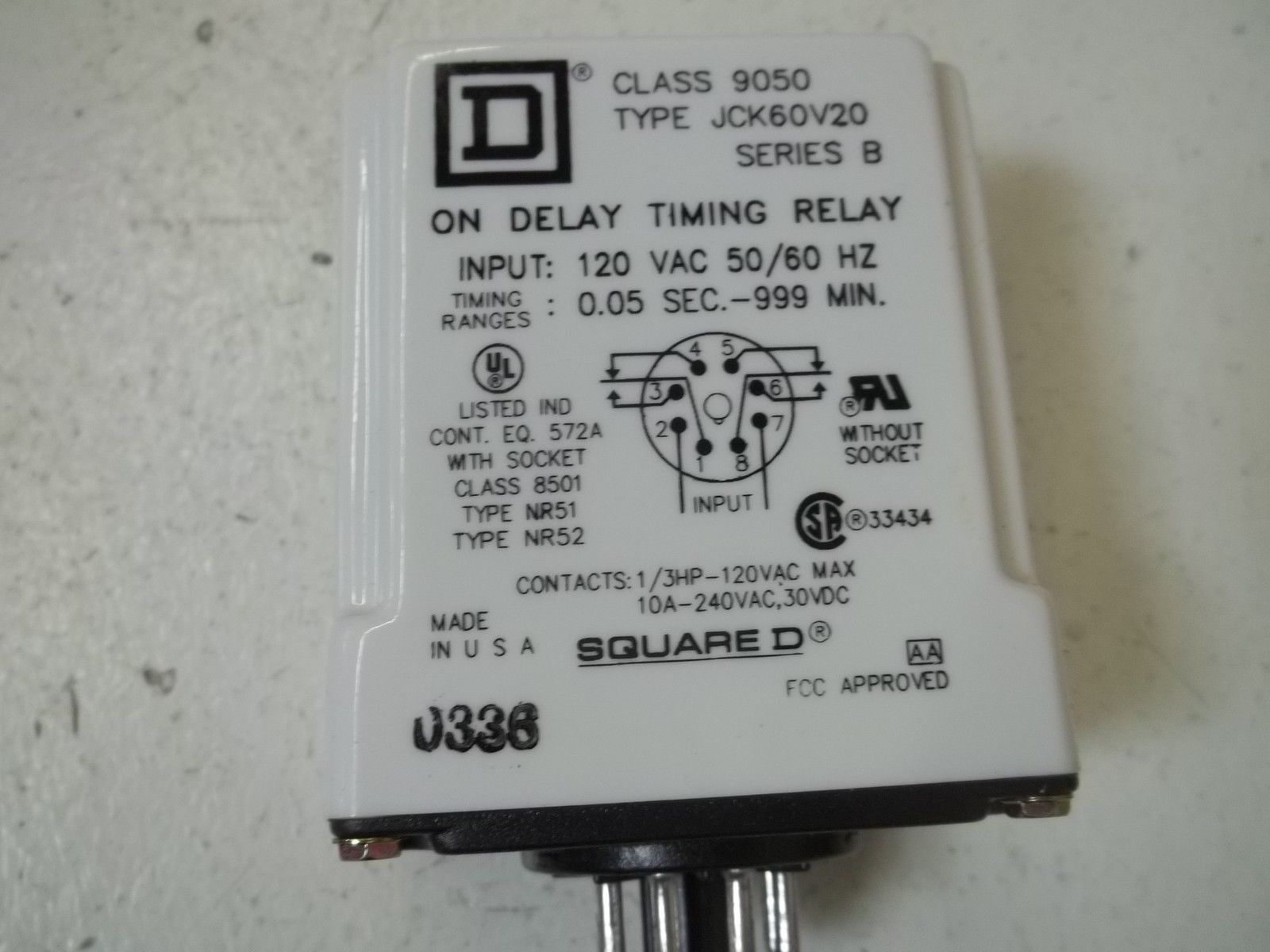 SQUARE D 9050-JCK60V20 SER.B ON DELAY TIMING RELAY UNMP