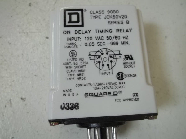 SQUARE D 9050-JCK60V20 SER.B ON DELAY TIMING RELAY UNMP
