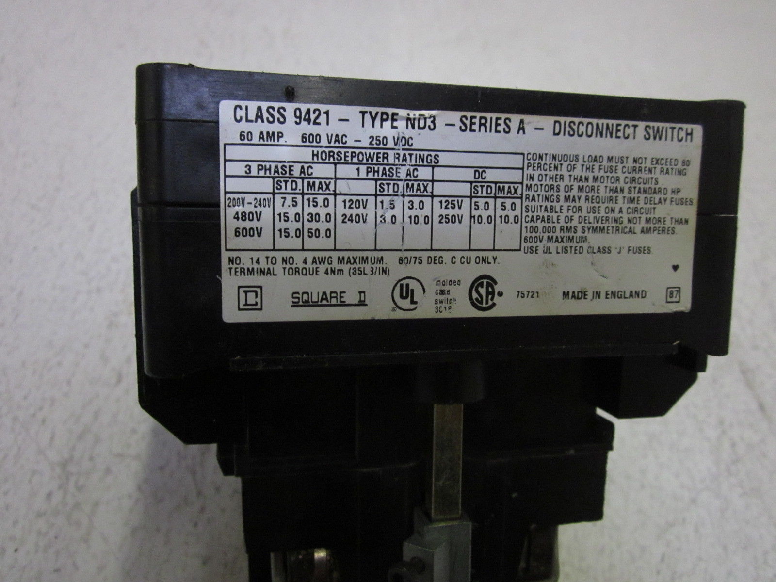 SQUARE D 9241-ND3 DISCONNECT SWITCH UNMP