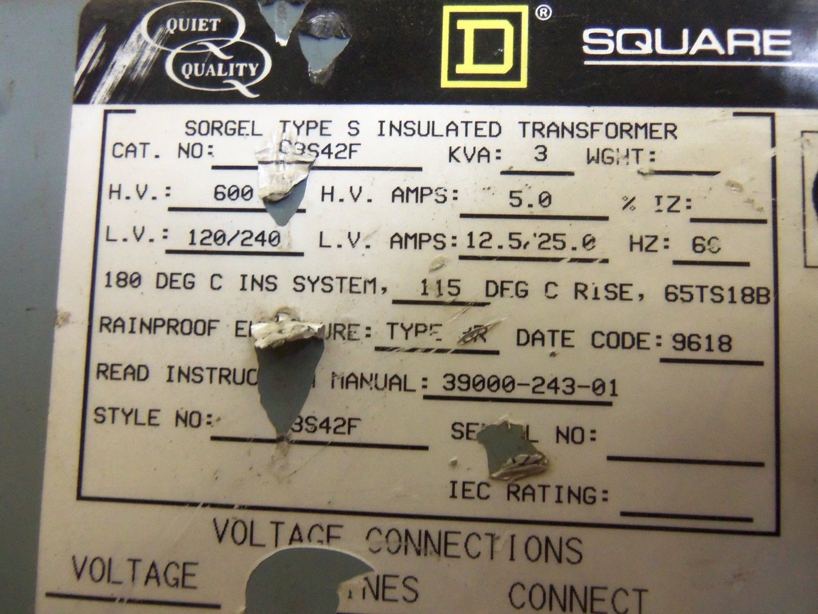 SQUARE D C3S42F TRANSFORMER UNMP