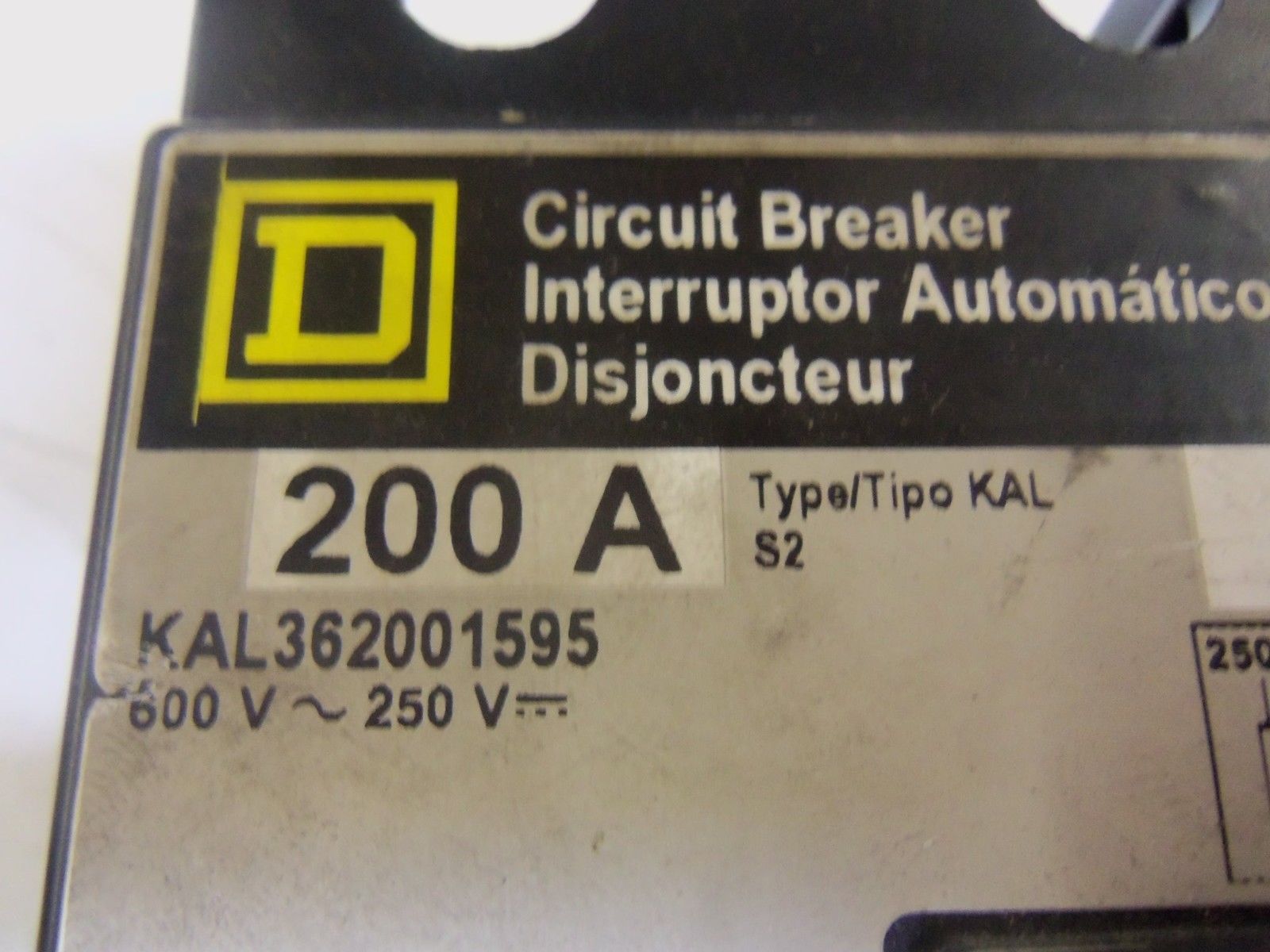 SQUARE D KAL362001595 CIRCUIT BREAKER 200A UNMP