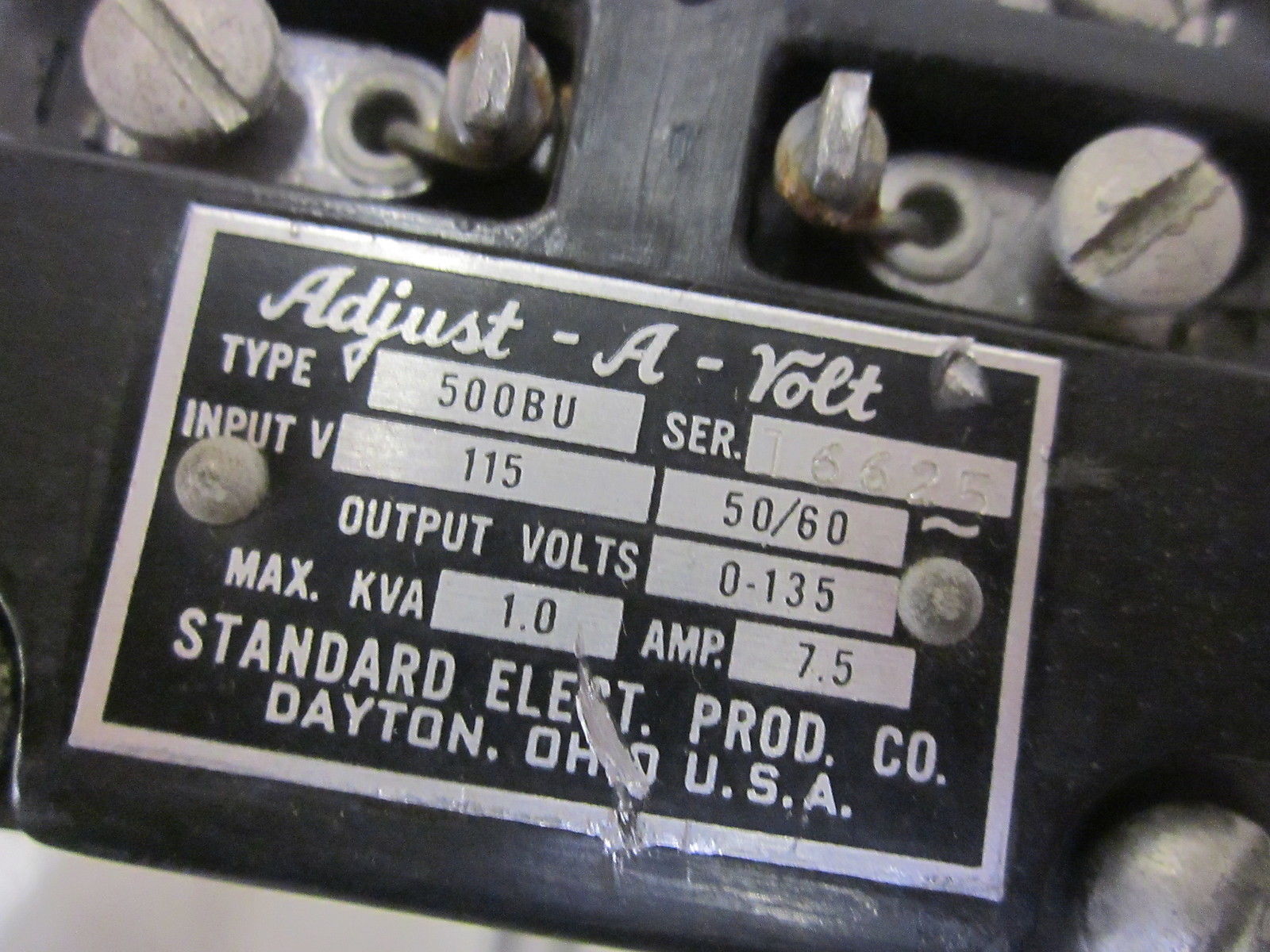 STANDARD ELECT. PROD. CO. 500BU ADJUST-A-VOLT TRANSFORMER 115V UNMP
