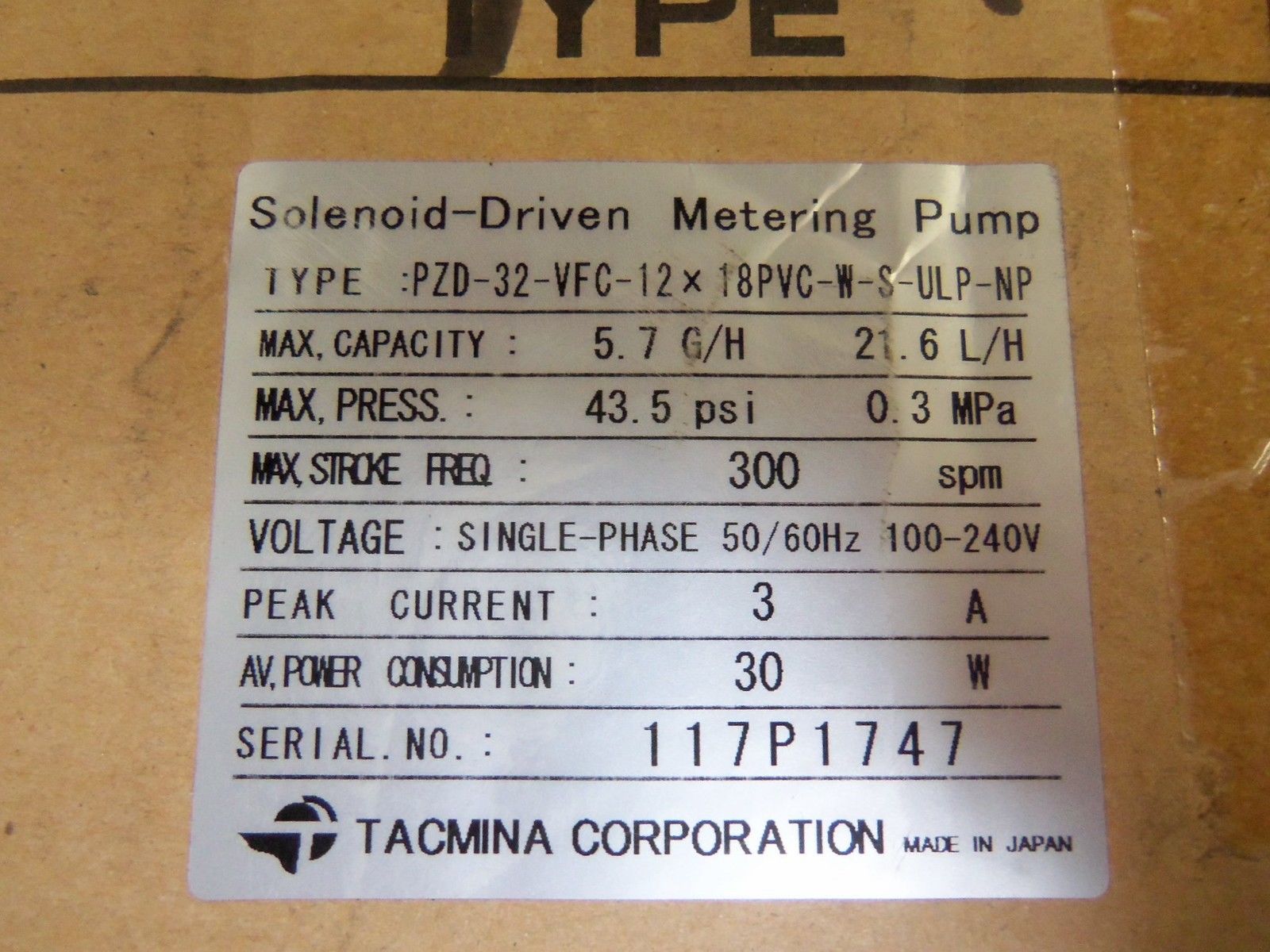TACMINA PZD-32-VFC-12x18PVC-W-ULP-NP PUMP *NEW IN BOX*