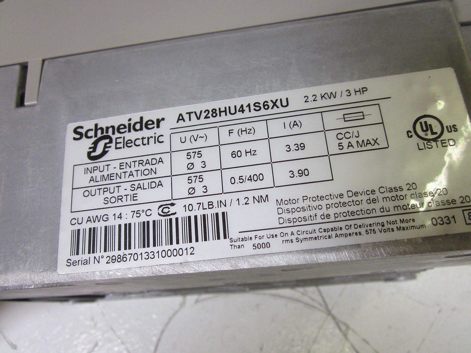 TELEMECAINQUE ATV28HU41S6XU AC DRIVE 208/230V UNMP