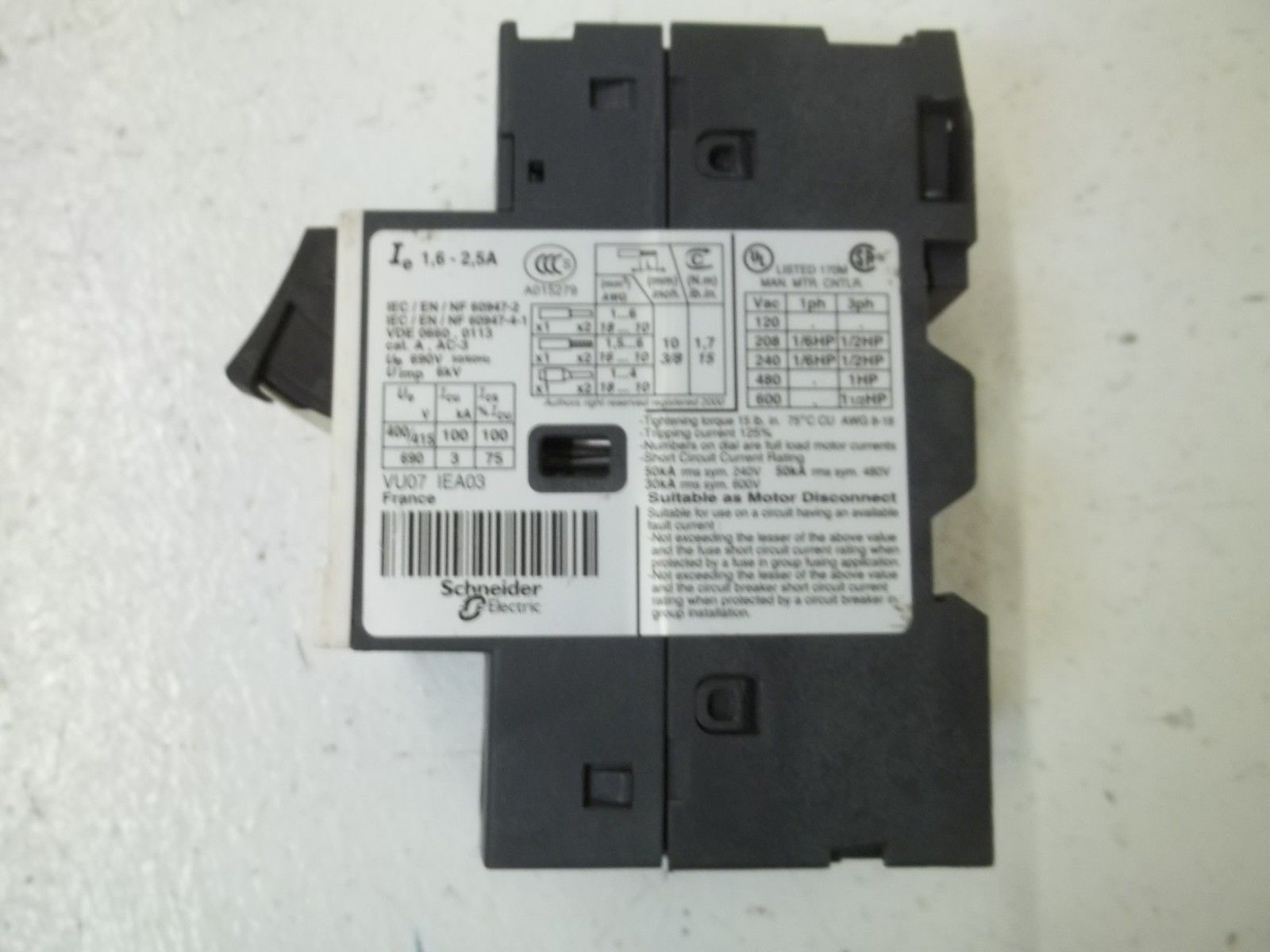 TELEMECANIQUE GV2ME07  MANUAL MOTOR STARTER 1.6-2.5A UNMP