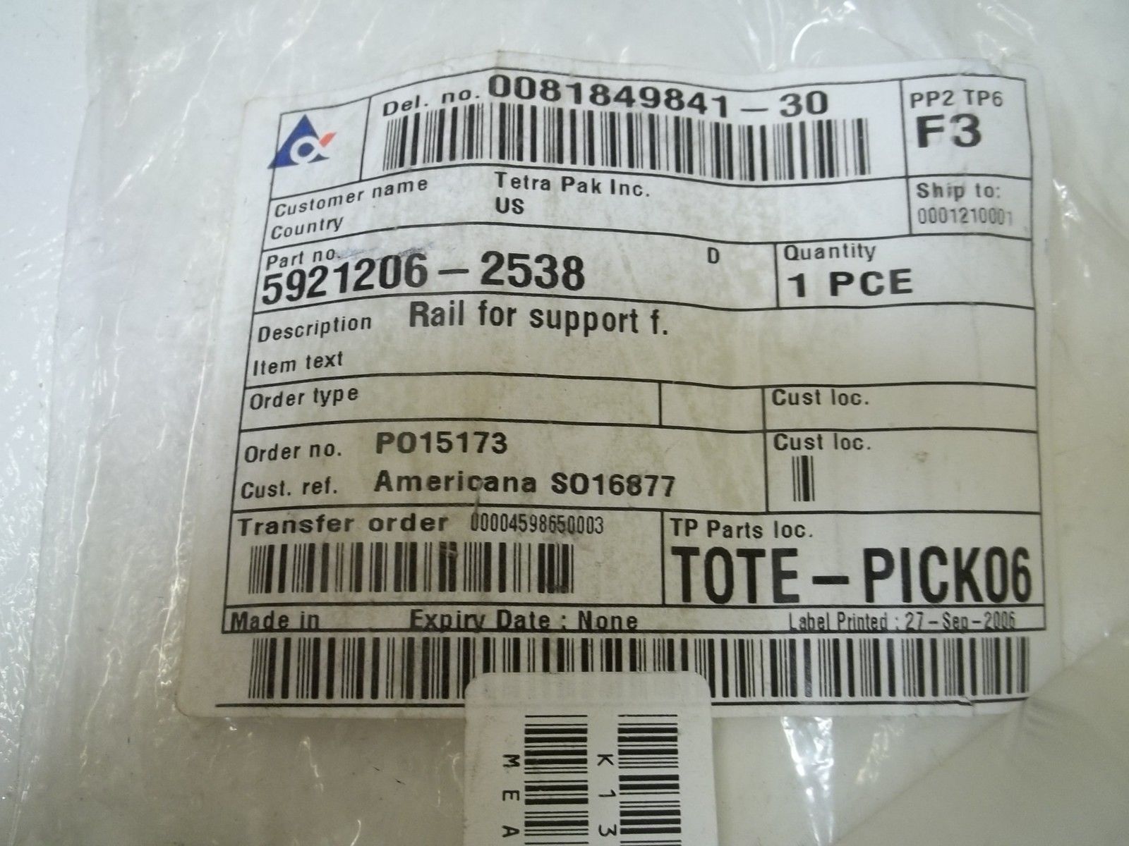 INDUSTRIAL MRO INC. 5921206-2538 RAIL FOR SUPPORT *NEW NO BOX*