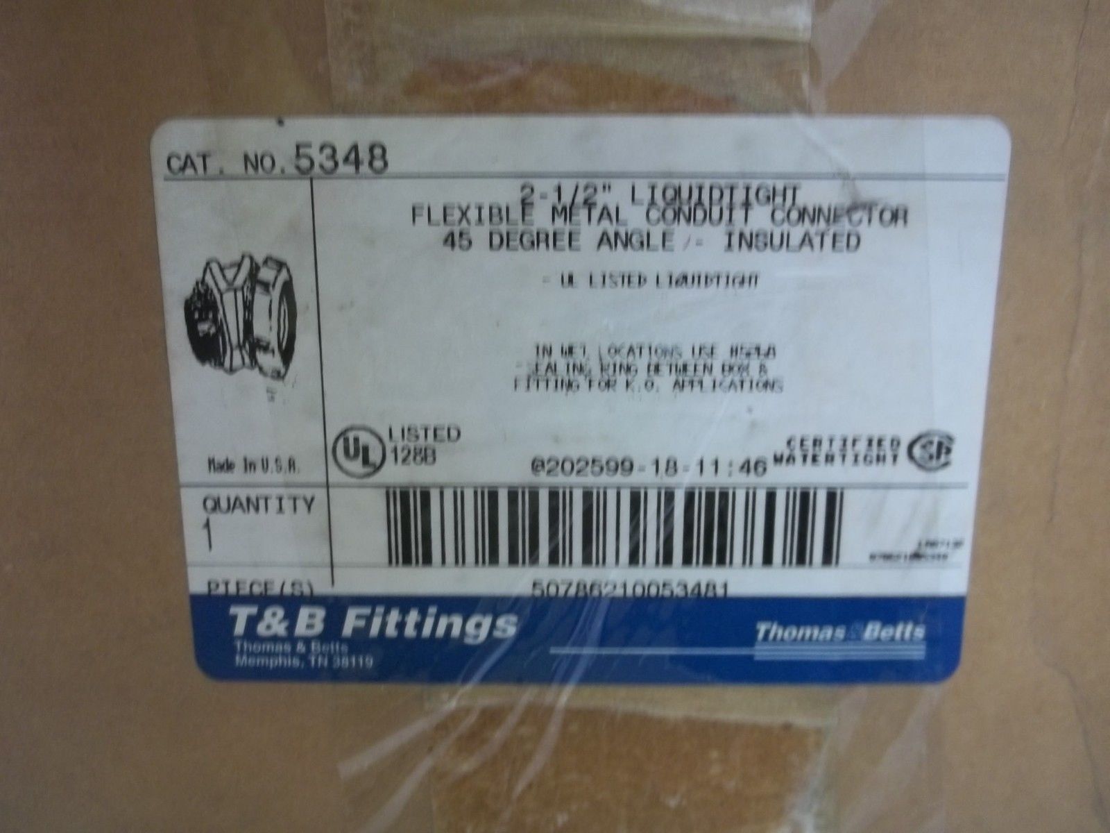 THOMAS & BETTS 5348 2-1/2" CONDUIT CONNECTOR 45-DEGREE ANGEL *NEW IN BOX*