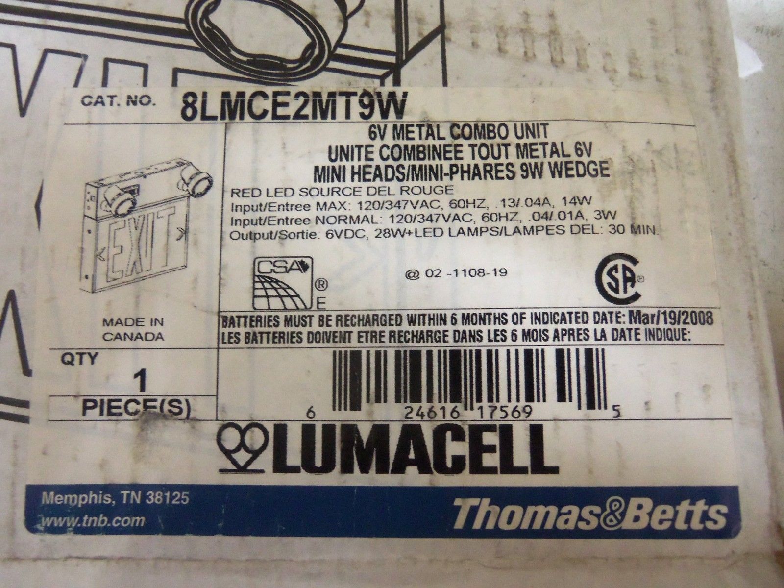 THOMAS & BETTS 8LMCE2MT9W EXIT SIGN *NEW IN BOX*