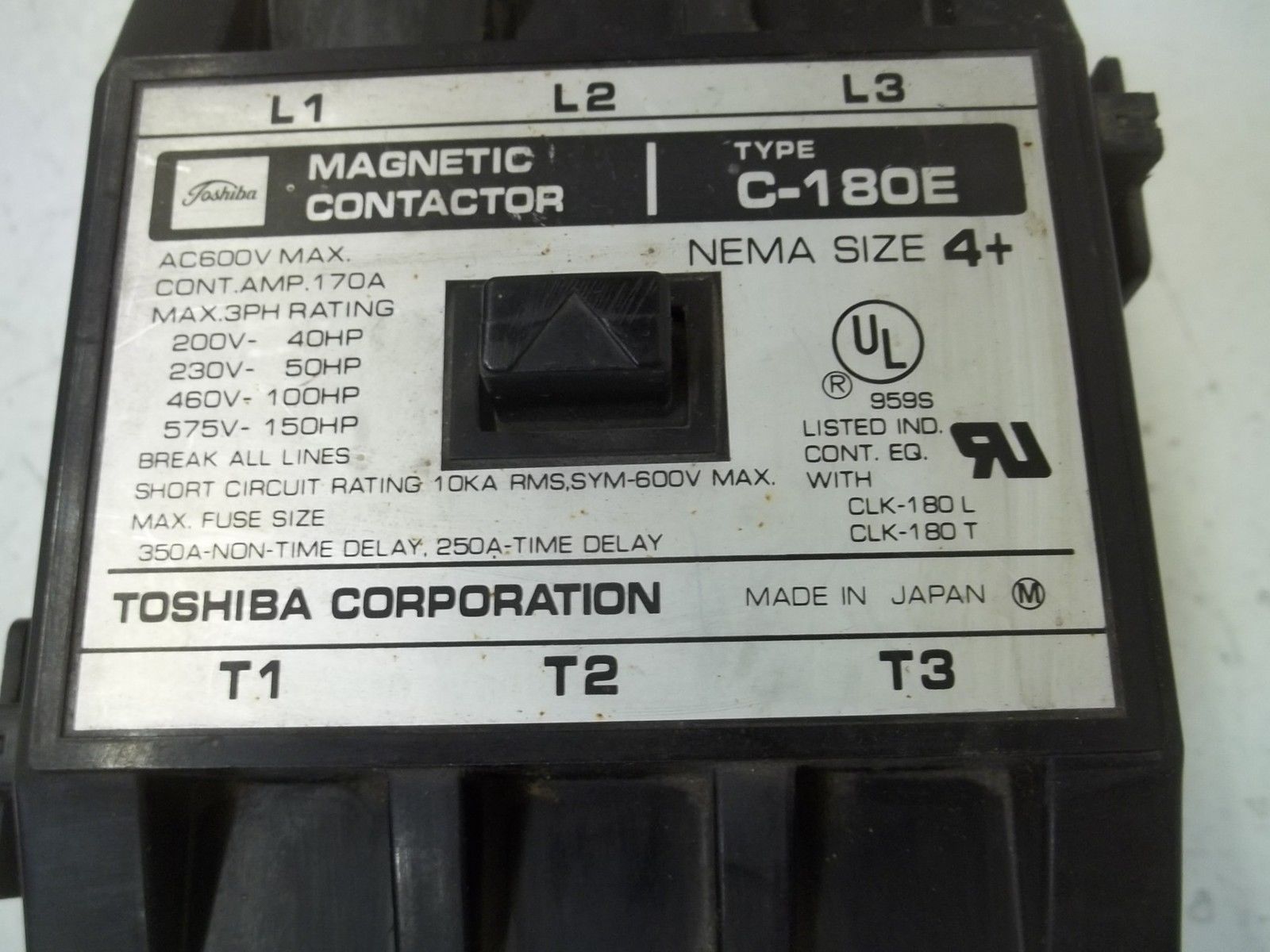 TOSHIBA  CORP. C-180E MAGNETIC CONTACTOR 115-120V SIZE 4+UNMP