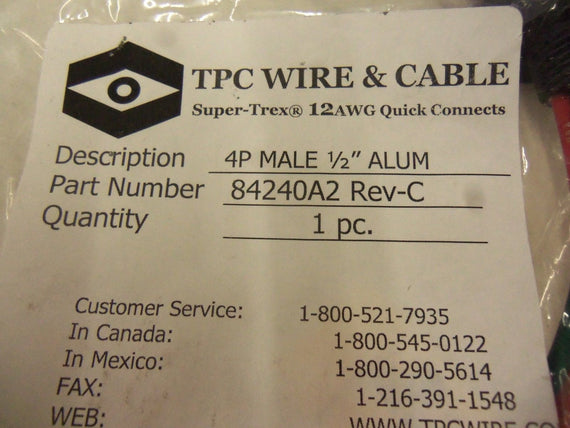 TPCE WIRE & CABLE 84240A2 REV.C 4P MALE 1/2" ALUM *NEW IN BAG*