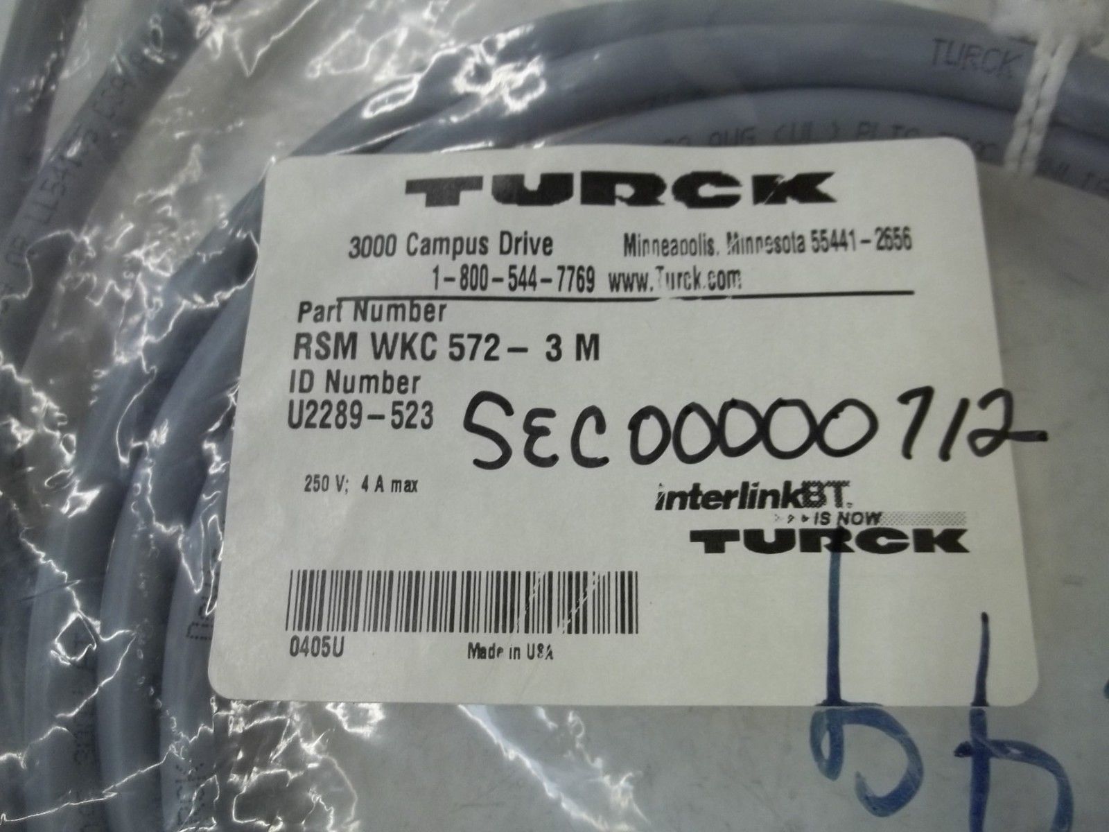 TURCK RKSMEKC572-3M CONNECTOR CABLE NSNP IN  A FACTORY BAG