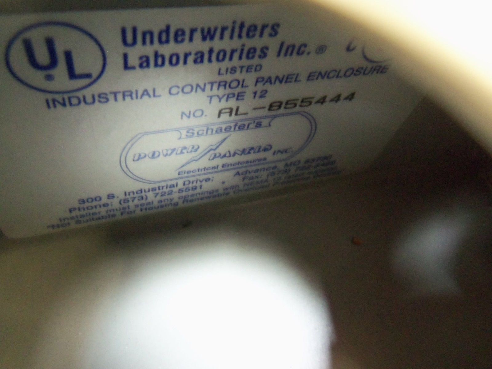 UNDER WRITERS LABORATORIES INC. CONTROL PANEL ENCLOSURE AL-855444 UNMP