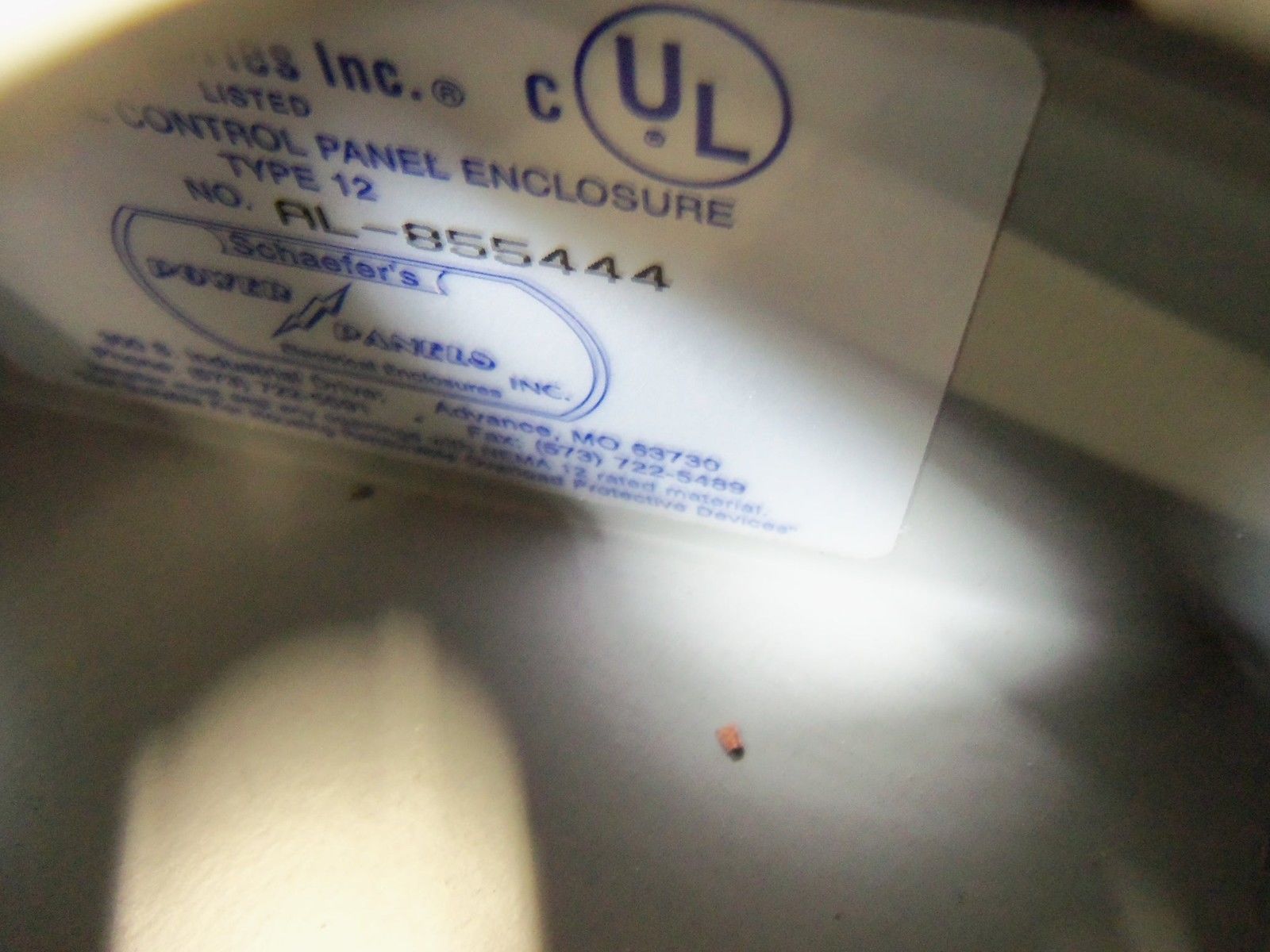 UNDER WRITERS LABORATORIES INC. CONTROL PANEL ENCLOSURE AL-855444 UNMP