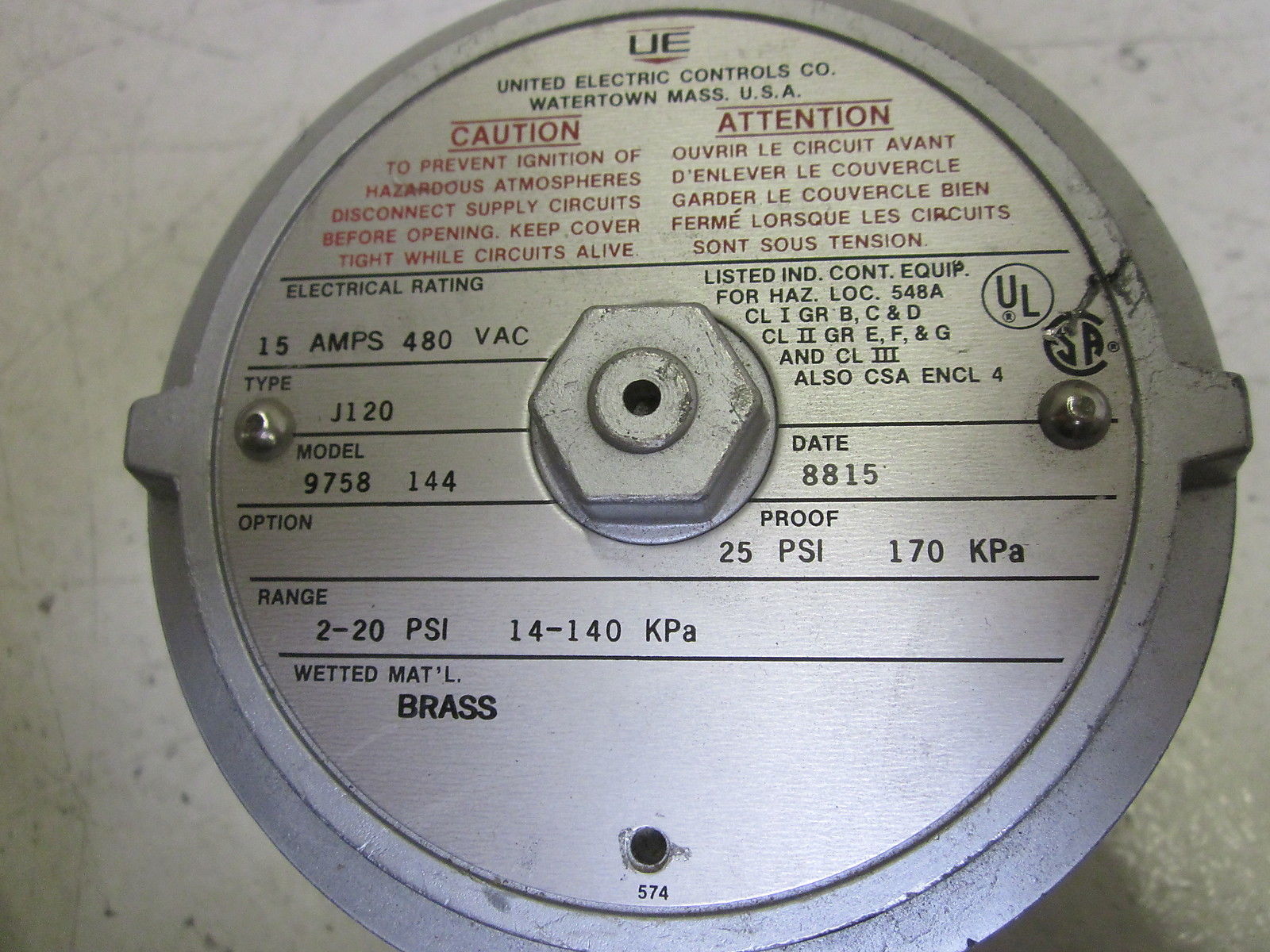 UNITED ELECTRIC J120-9758-144 PRESSURE SWITCH 15AMPS 480VACUNMP